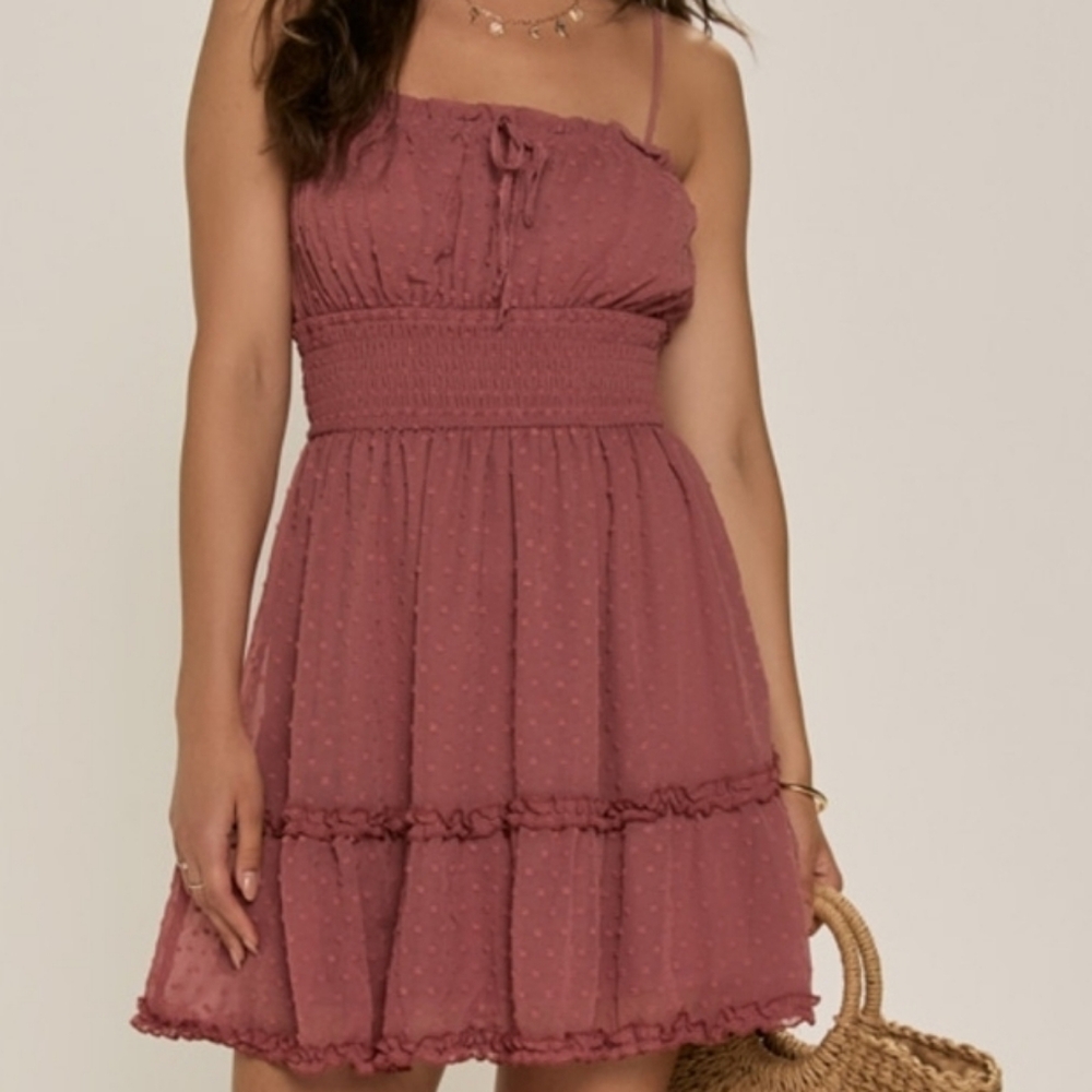 Francesca’s Collections Swiss Dot Trixxi tiered mini dress, Clip Dot Mauve M NEW